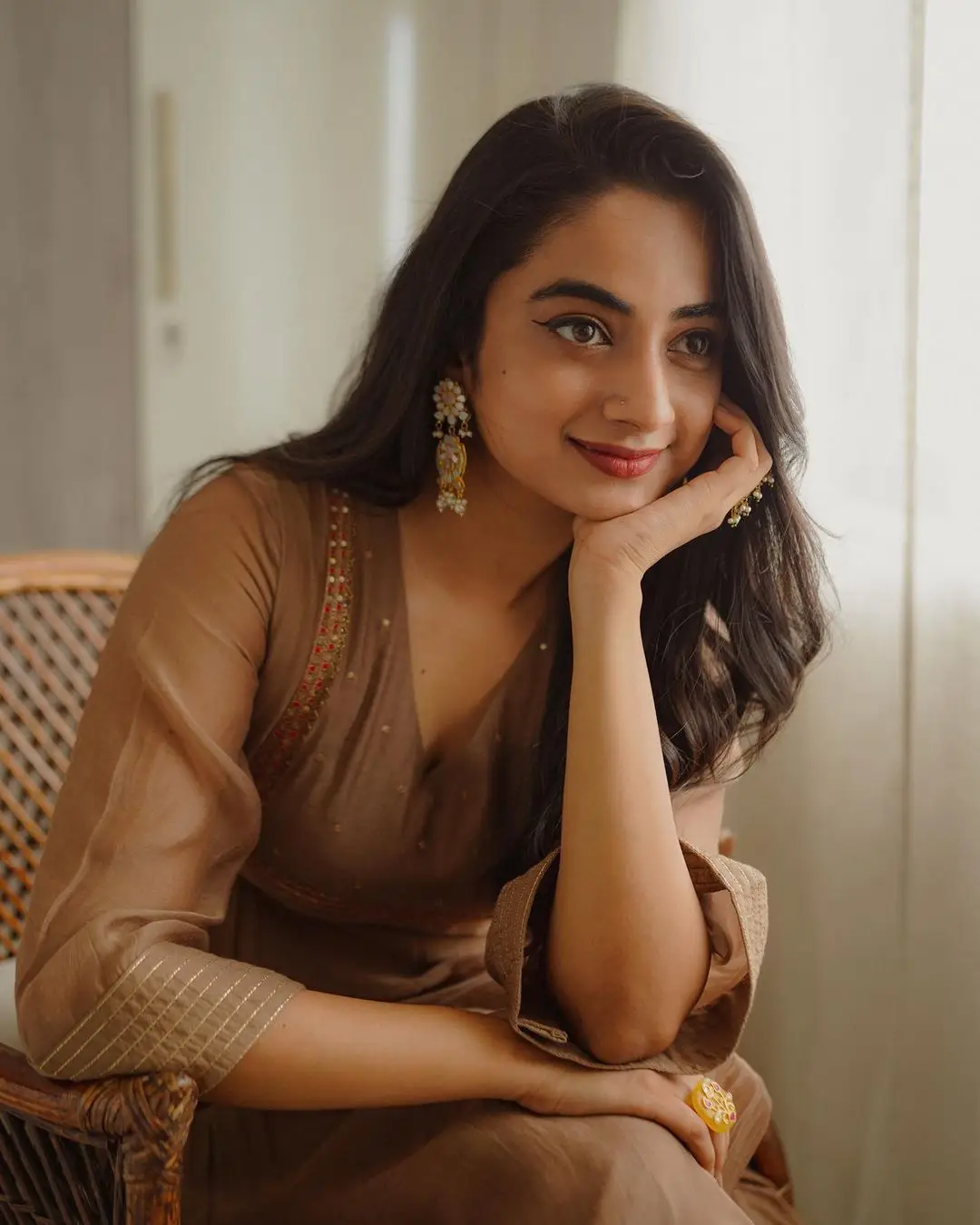 Namitha Pramod Wearing Beautiful Earring Grey Dress